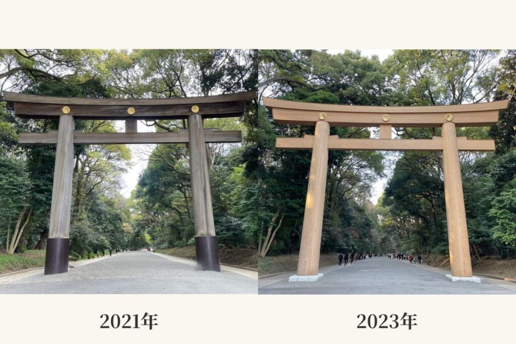 明治神宮の南参道第一鳥居の建て替え前と建て替え後